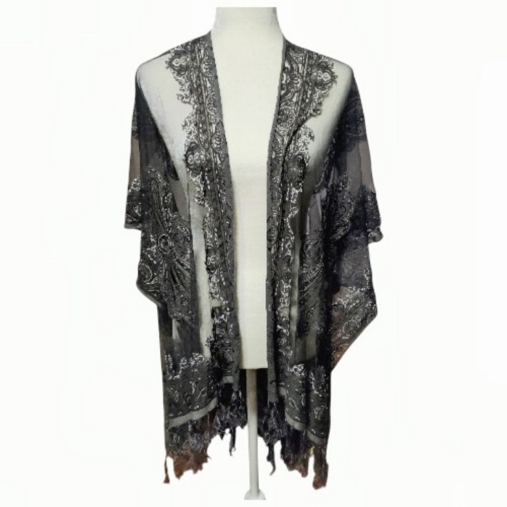 David and Young Whimsigoth Sheer Kimono Cardigan Shawl Black Paisley Fringe - OS